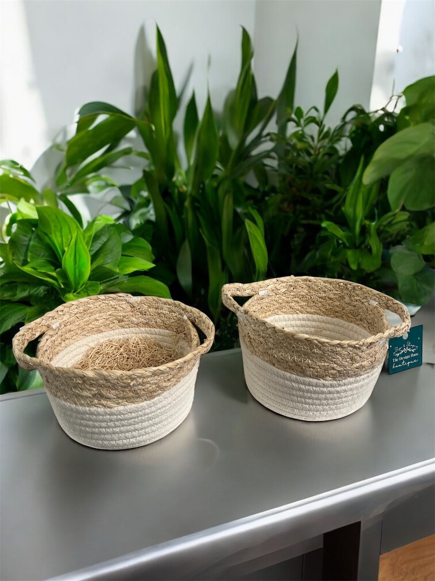 White and Tan Woven Circle Basket