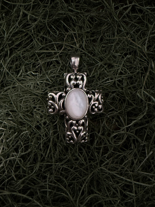 Vintage Sterling Silver Filigree Cross Pendant w/ Center Oval Mother of Pearl