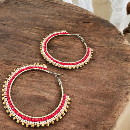 Red & Gold Beaded Fringe Hoops